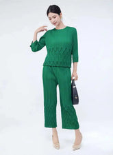 HEYFANCYSTYLE Female Elite Designer Japanese Plissé Pleated Trousers Set